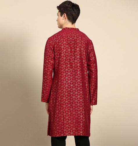 Men Maroon & Golden Geometric Printed Kurta